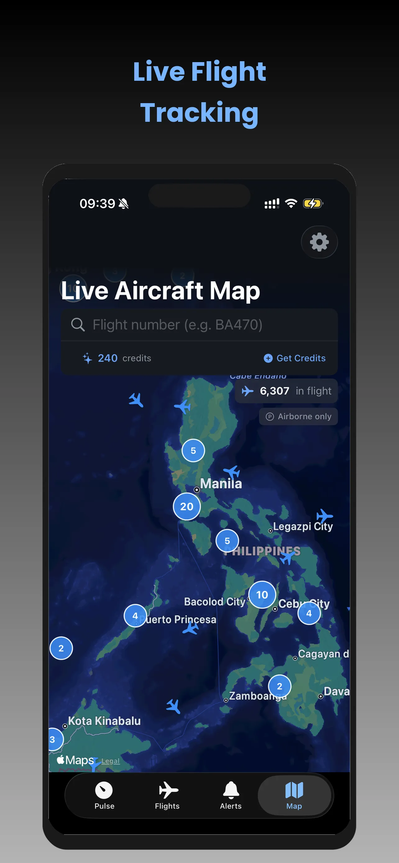 Flight Lens live aircraft map showing global flight positions