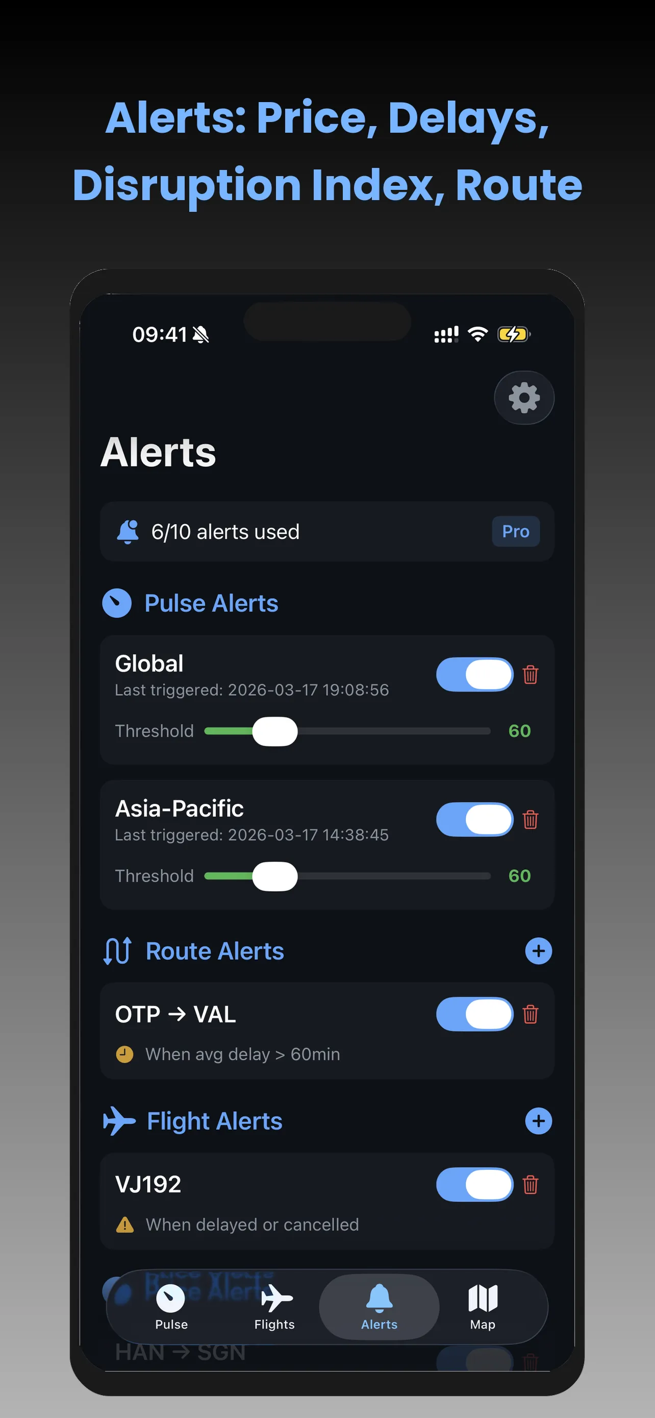 Flight Lens alerts configuration for routes, flights, and prices