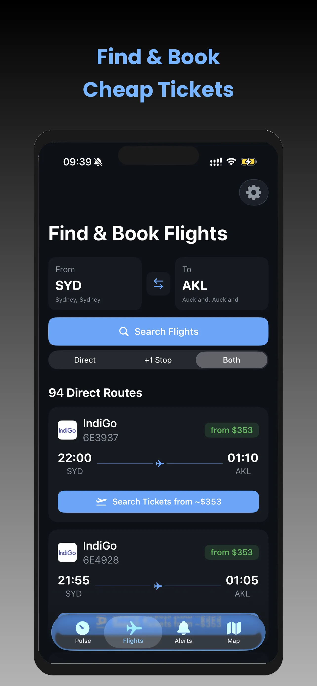 Flight Lens flight search showing real-time status and route info