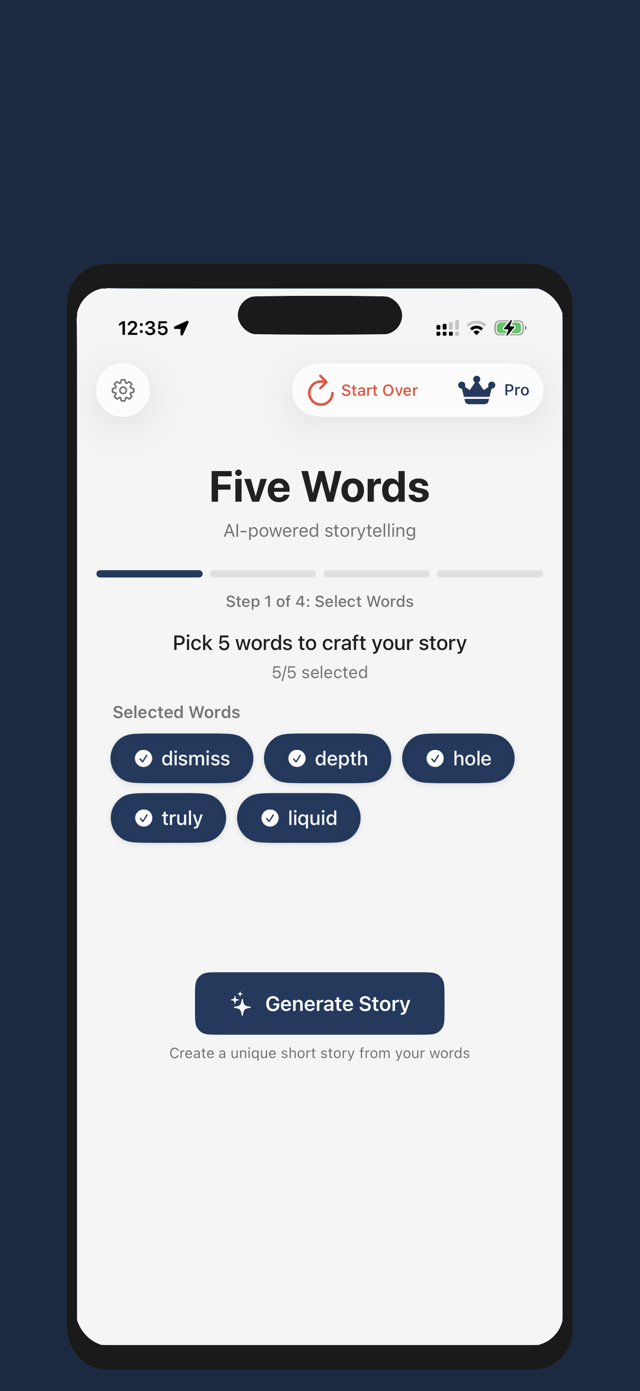 Just 5 Words word selection screen