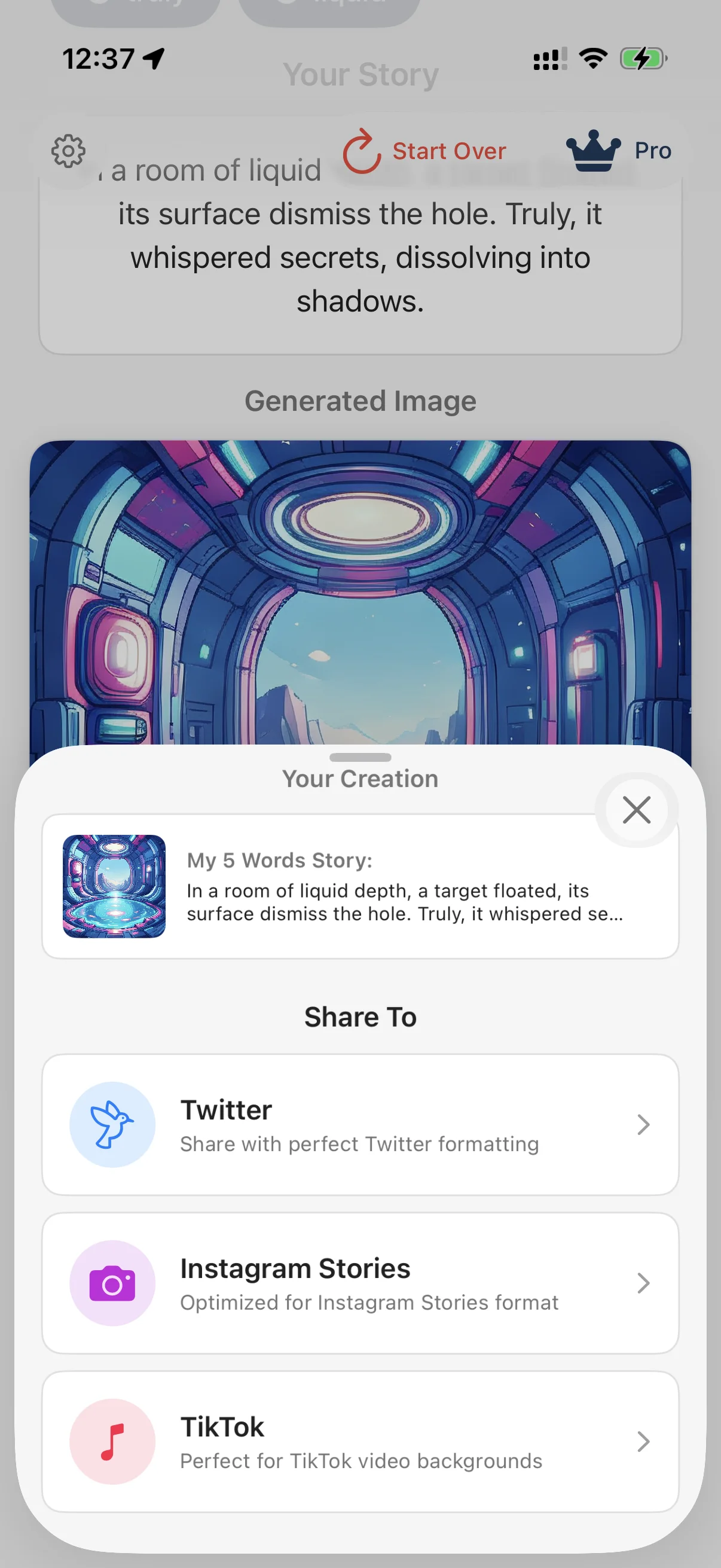 Just 5 Words sharing options