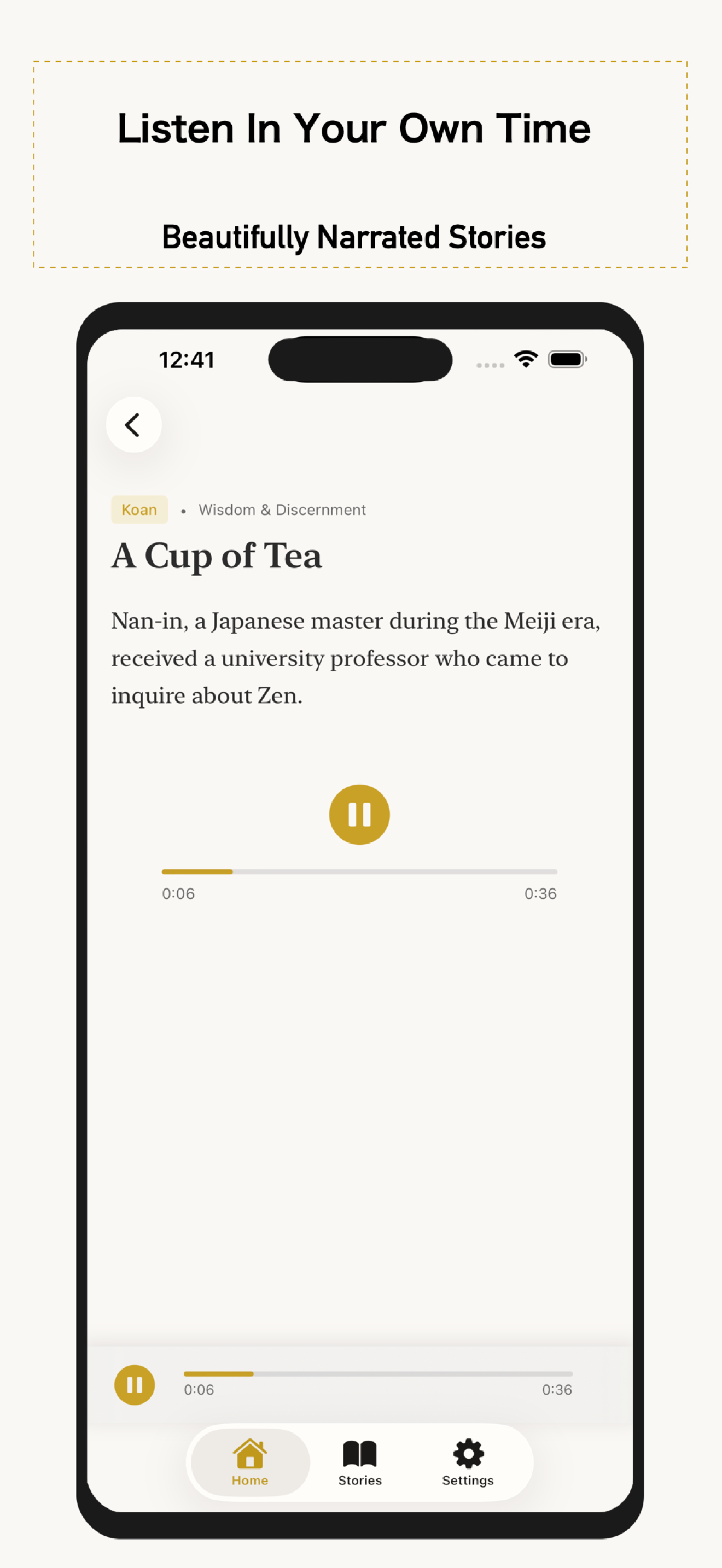Zen Tales playback screen with text-to-speech
